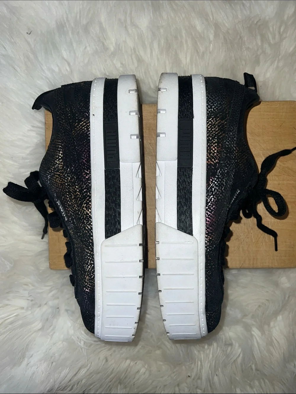 Puma Black Sneakers with Iridescent Sheen and White Platform Sole